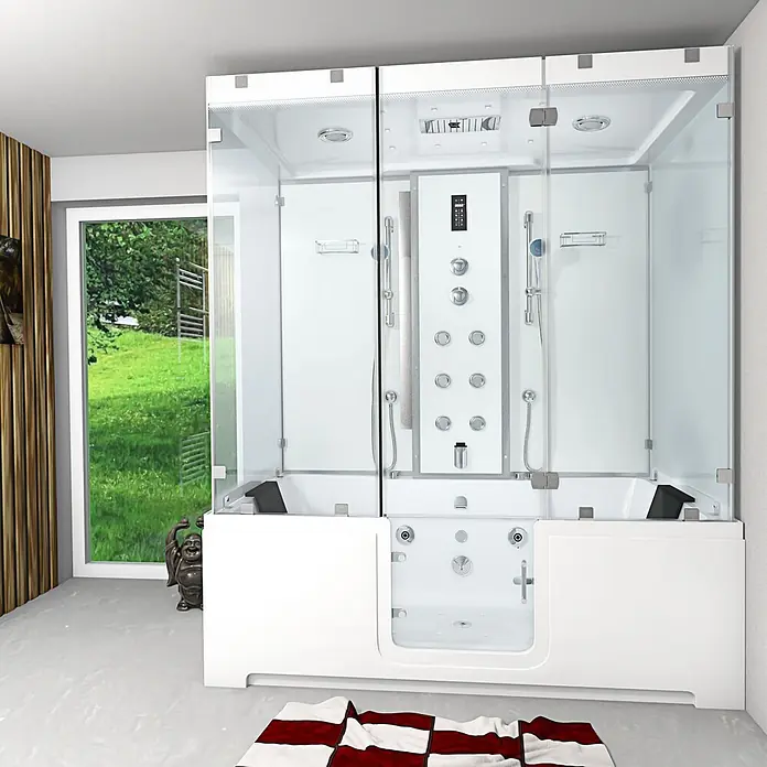 AcquaVapore Komplettdusche Dampfdusche K88-WS-EH-C - Weiß - Weiße multifunktionale Duschkabine mit Glaswänden, integrierten Badewannen, Massagedüsen und Bedienelementen in einem modernen Badezimmer.