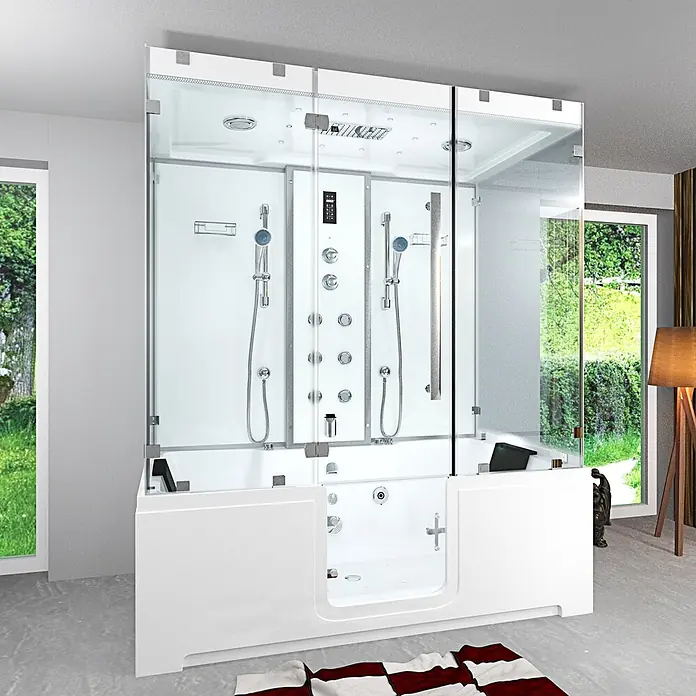 AcquaVapore Komplettdusche Dampfdusche K88-WS-EH-B-EC - Weiß - Weiße begehbare Dusch-Wannenkombination mit Glaswänden, mehreren Duschdüsen, Handbrausen und einem digitalen Bedienfeld.