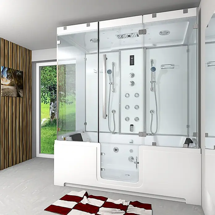 AcquaVapore Komplettdusche Dampfdusche K88-WS-EH-C - Weiß - Weiße multifunktionale Duschkabine mit integrierter Badewanne, Glasverkleidung, Kopfbrause, Handbrause und Massagedüsen.