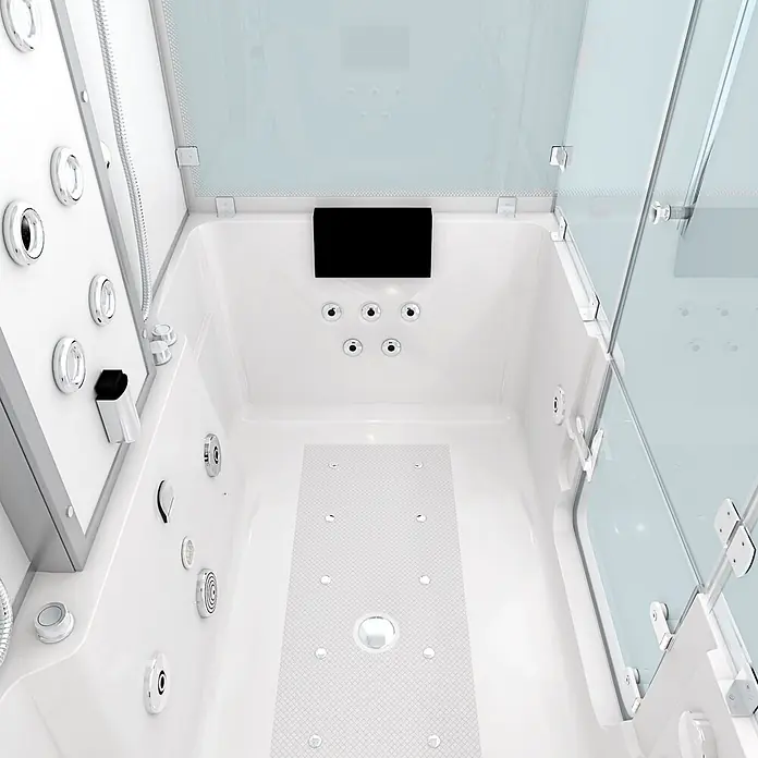 AcquaVapore Komplettdusche Dampfdusche K88-WS-TH-B-EC-SC - Weiß - Weiße begehbare Dusch- und Hydromassagewanne mit Glaswänden, Chromdüsen und Bedienelementen.