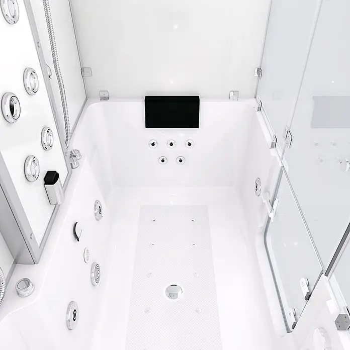 AcquaVapore Komplettdusche Dampfdusche K88-WS-EH-C - Weiß - Weiße moderne Whirlpool-Badewanne mit Chromarmaturen, schwarzer Kopfstütze und strukturierter Oberfläche.