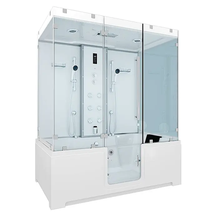 AcquaVapore Komplettdusche Dampfdusche K88-WS-EH-B-EC - Weiß - Weißes modernes barrierefreies Dusch-Wannen-Kombisystem mit Glasgehäuse und Digitalsteuerung, mit diversen Duschfunktionen.