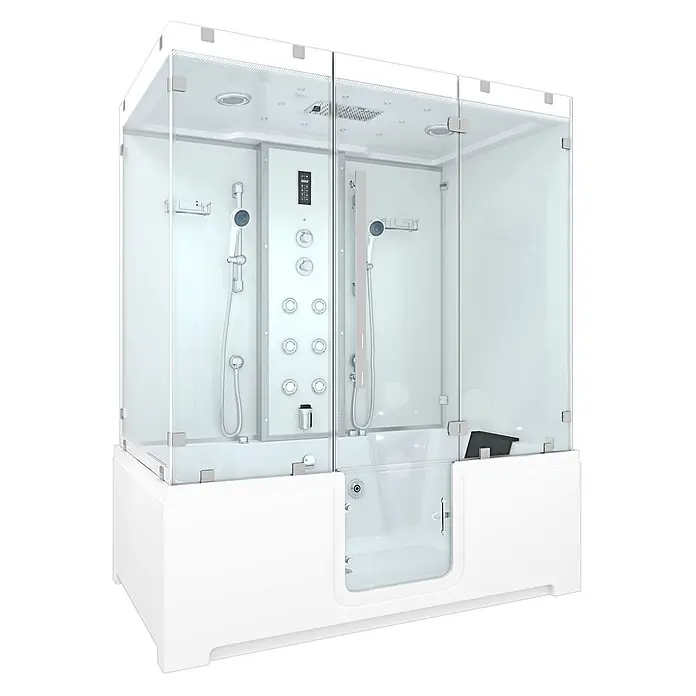 AcquaVapore Komplettdusche Dampfdusche K88-WS-EH-C - Weiß - Weißes modernes Duschsystem mit Glaswänden, mehreren Brausen und integrierter barrierefreier Badewanne.