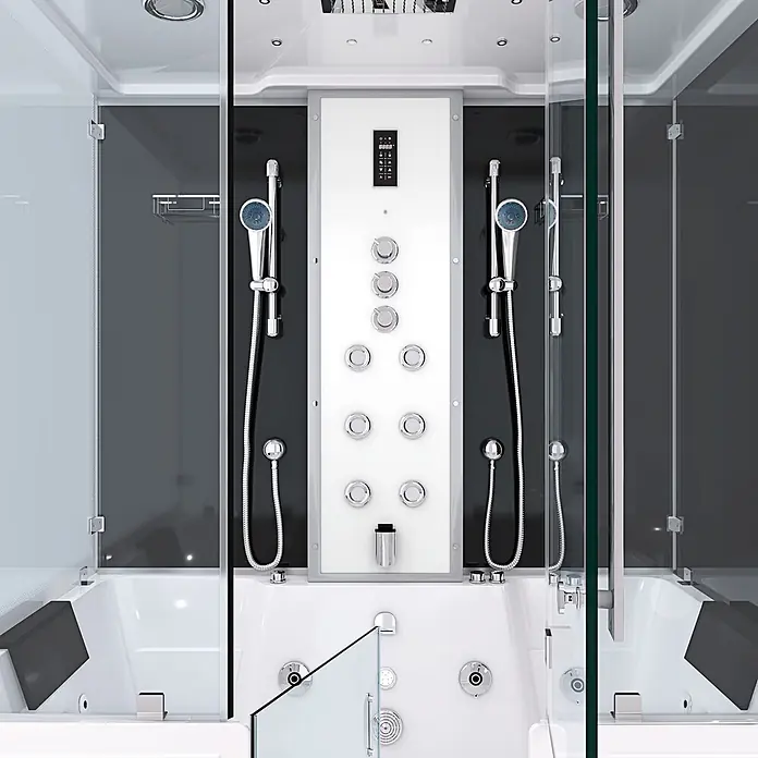 AcquaVapore Komplettdusche Dampfdusche K88-SW-TH-C-EC-SC - Schwarz - Moderne weiße und schwarze Duschkabine mit integrierter Badewanne, Chrom-Bedienfeld und mehreren Duschköpfen.