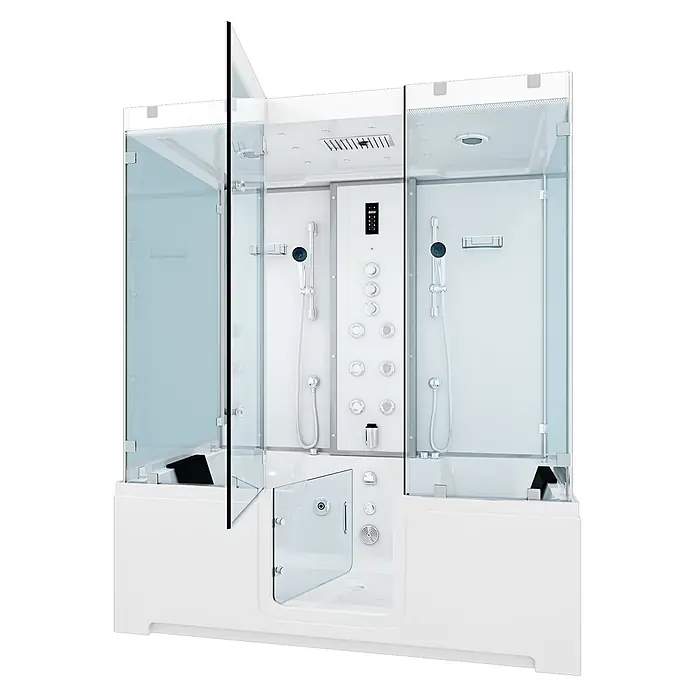 AcquaVapore Komplettdusche Dampfdusche K88-WS-TH-B-EC-SC - Weiß - Weiße, moderne begehbare Dusch-Badewannen-Kombination mit klarem Glas, Regendusche, Massagedüsen und digitalen Bedienelementen.
