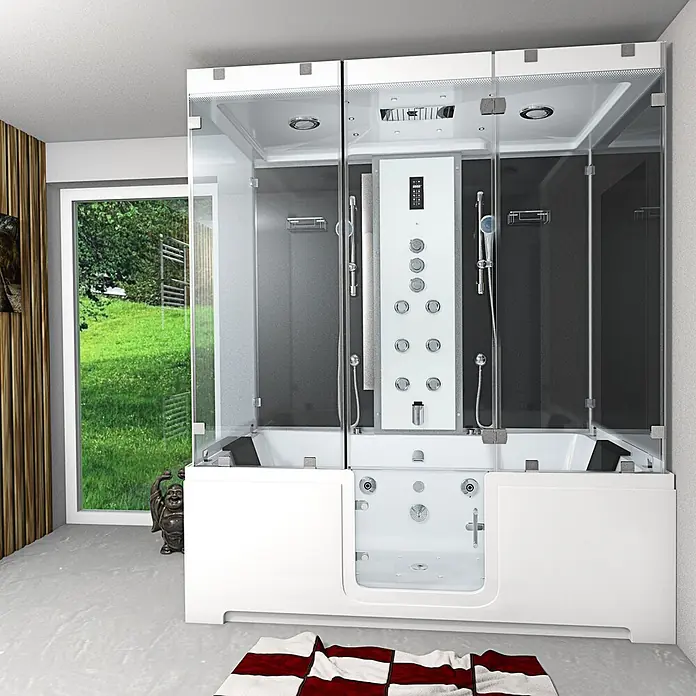 AcquaVapore Komplettdusche Dampfdusche K88-SW-TH-C-EC-SC - Schwarz - Weiße multifunktionale Duschkabine mit integrierten Badewannen und zentralem Bedienfeld, in einem modernen Badezimmer.