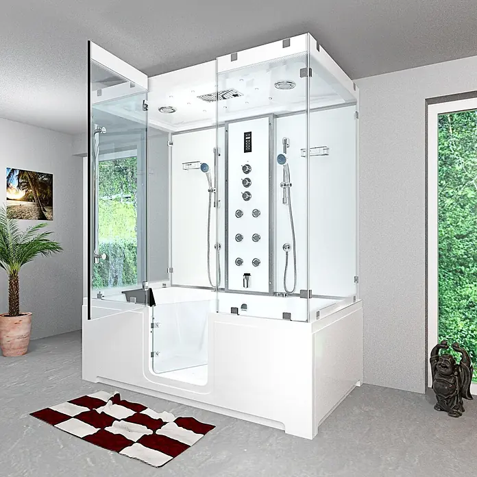 AcquaVapore Komplettdusche Dampfdusche K88-WS-TH-B-EC-SC - Weiß - Weiße begehbare Badewanne und Luxus-Duschkombination mit Glaspaneelen.