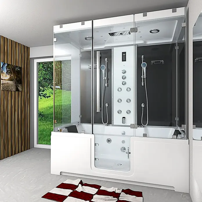 AcquaVapore Komplettdusche Dampfdusche K88-SW-TH-C-EC-SC - Schwarz - Großes weiß-schwarzes Dusch-Wannen-Kombisystem mit Glaswänden, integriert in ein modernes Badezimmer.