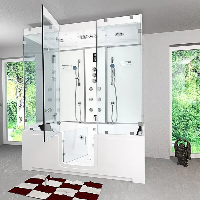 AcquaVapore Komplettdusche Dampfdusche K88-WS-TH-B-EC-SC - Weiß - Weißes begehbares Dusch- und Badewannenkombi mit Glaswänden und Massagedüsen im modernen Bad.