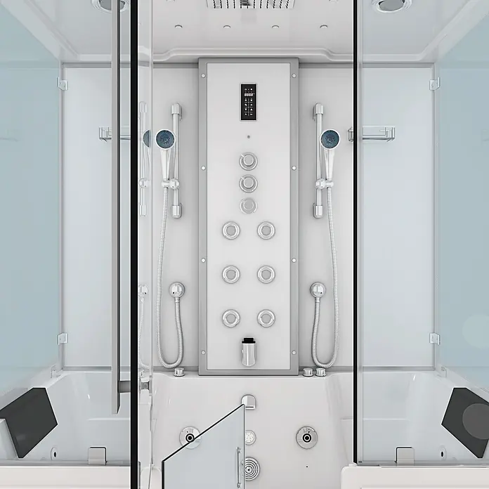 AcquaVapore Komplettdusche Dampfdusche K88-WS-TH-B-EC-SC - Weiß - Weiße Duschkabine mit Glaswänden, integrierter Badewanne und Multi-Jet-Duschpaneel mit Digitalsteuerung und zwei Handbrausen.