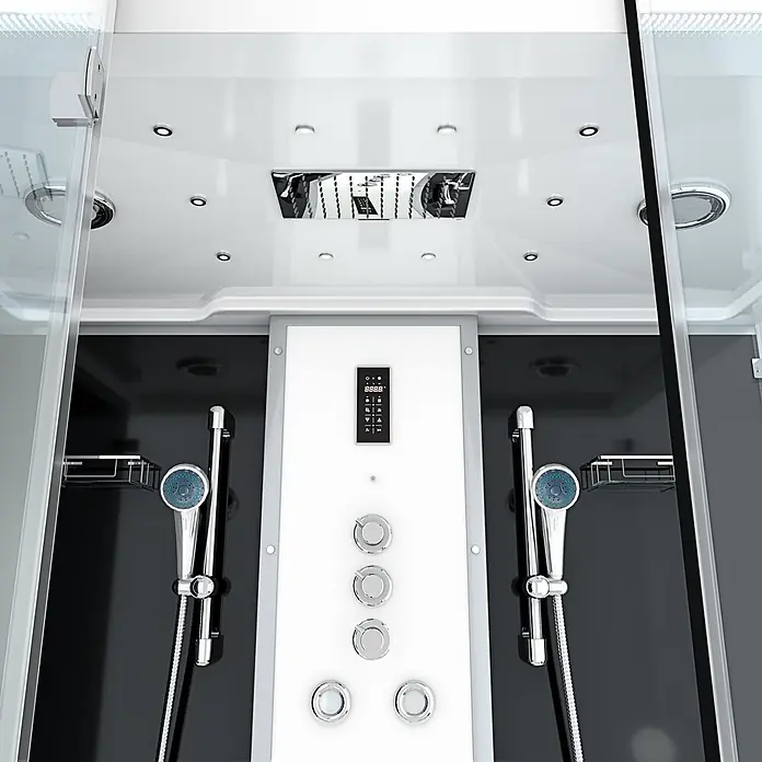AcquaVapore Komplettdusche Dampfdusche K88-SW-TH-B - Schwarz - Moderner Duschkabinen-Innenraum: Digitalpanel, zwei Handbrausen, Regendusche. Weiß, dunkelgrau, Chrom.