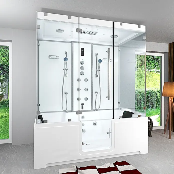 AcquaVapore Komplettdusche Dampfdusche K88-WS-TH-B-EC-SC - Weiß - Eine moderne weiße Duschkabine mit Glaswänden und mehreren Duschfunktionen, inklusive begehbarer Badewanne, für ein zugängliches Badeerlebnis.