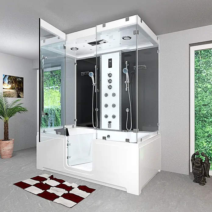 AcquaVapore Komplettdusche Dampfdusche K88-SW-TH-B - Schwarz - Moderne weiße Dusch-Badewannen-Kombination aus Glas mit Einstiegswanne, mehreren Duschköpfen und Massagedüsen.