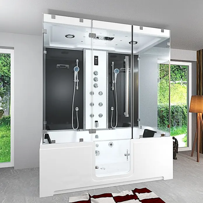 AcquaVapore Komplettdusche Dampfdusche K88-SW-TH-B - Schwarz - Weiße begehbare Badewanne mit integrierter Dampfdusche und Hydromassagekabine, Glasüren und modernem Bedienfeld.