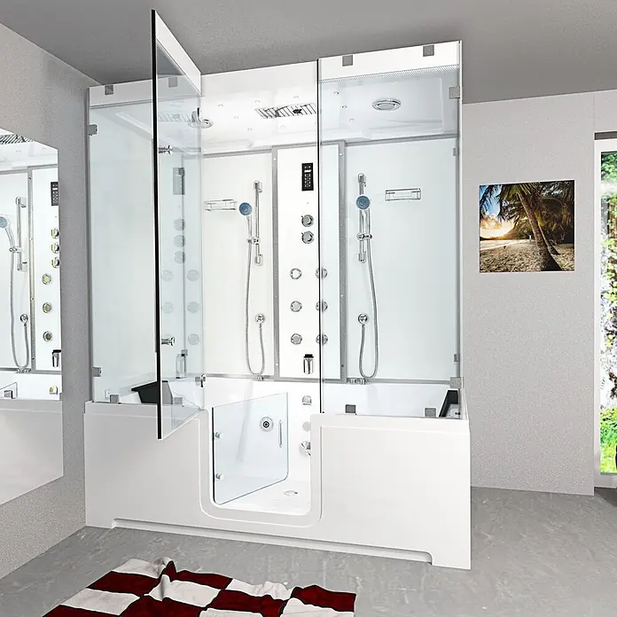 AcquaVapore Komplettdusche Dampfdusche K88-WS-EH-A - Weiß - Weißes multifunktionales Duschsystem mit klaren Glaspaneelen, begehbarer Badewanne und Massagedüsen.