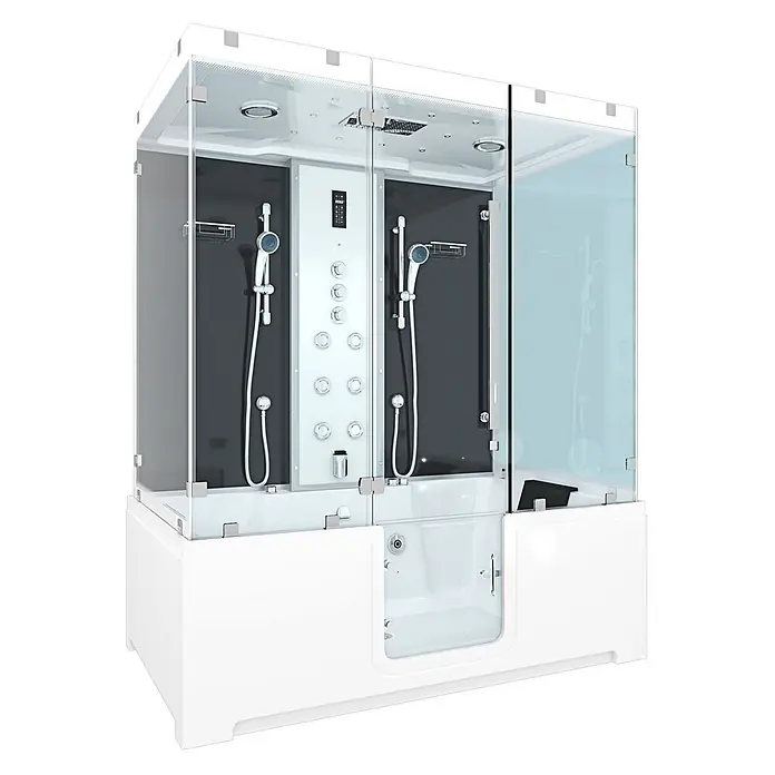 AcquaVapore Komplettdusche Dampfdusche K88-SW-TH-B - Schwarz - Moderne weiß-schwarze Duschkabine mit klaren Glaswänden, mehreren Duschköpfen, Massagedüsen und integrierter begehbarer Badewanne.