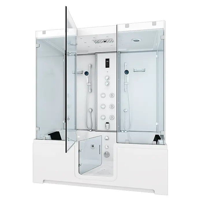 AcquaVapore Komplettdusche Dampfdusche K88-WS-EH-A - Weiß - Weiße Duschkabine mit klaren Glaspaneelen, mehreren Duschköpfen, digitalen Bedienelementen und barrierefreier Badewanne mit Glastür.