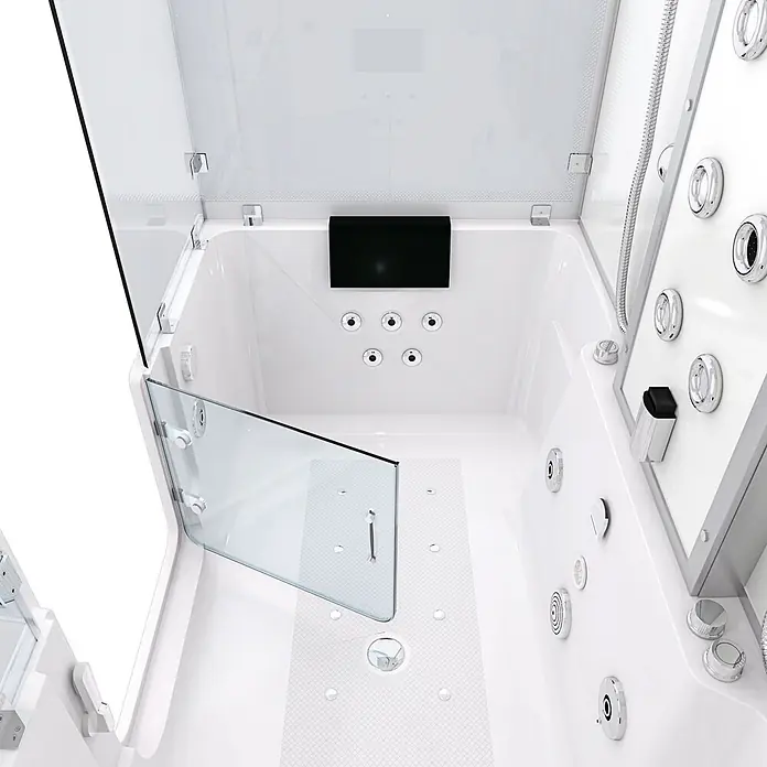 AcquaVapore Komplettdusche Dampfdusche K88-WS-TH-C-EC - Weiß - Weiße begehbare Duschkabine mit integrierter Hydromassage-Badewanne, Glastür und Chromdüsen.