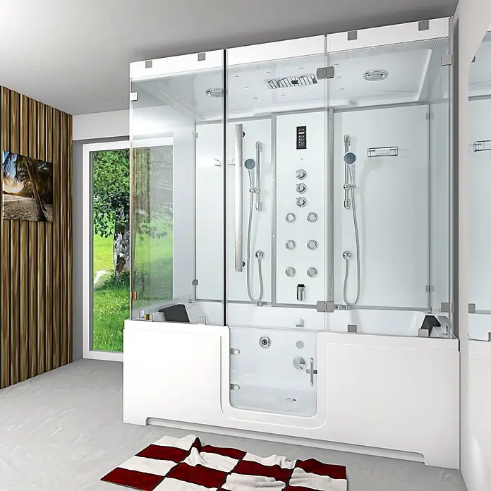 AcquaVapore Komplettdusche Dampfdusche K88-WS-TH-C-EC - Weiß - Große, moderne weiße Dusch-Badewannen-Kombination mit Glaspaneelen und Chromarmaturen.
