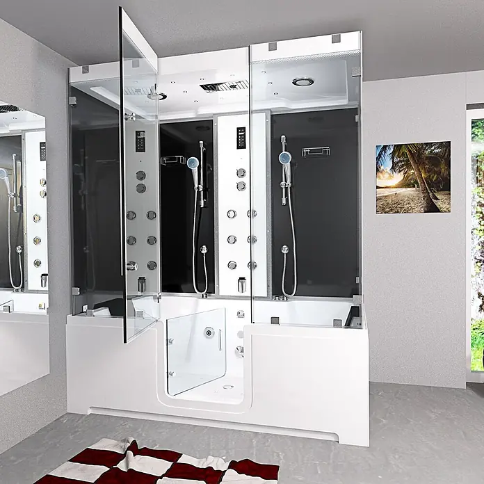 AcquaVapore Komplettdusche Dampfdusche K88-SW-EH-A-EC-SC - Schwarz - Moderne weiße Dusch-Badewannen-Kombination mit Glastüren, mehreren Duschdüsen und einer barrierefreien Einstiegstür.