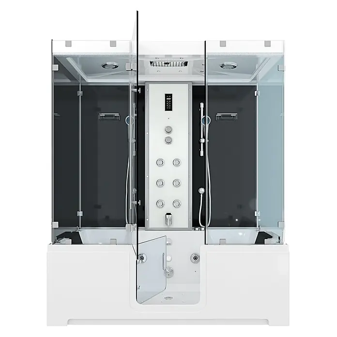 AcquaVapore Komplettdusche Dampfdusche K88-SW-EH-A-EC-SC - Schwarz - Moderne weiße und dunkelgraue Multifunktions-Duschkabine mit Klarglas, zentralem Bedienfeld und integrierter begehbarer Badewanne.
