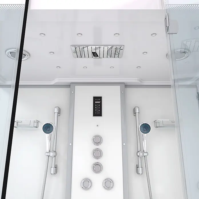 AcquaVapore Komplettdusche Dampfdusche K88-WS-TH-C-EC - Weiß - Modernes Duschsystem mit integrierter Regendusche, zwei Handbrausen und digitalem Bedienfeld mit Chromknöpfen.