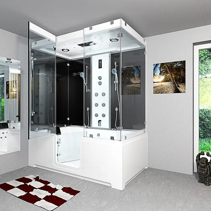 AcquaVapore Komplettdusche Dampfdusche K88-SW-EH-A-EC-SC - Schwarz - Weiße Multifunktions-Duschkabine mit integrierter Badewanne, Klarglaswänden, Chromarmaturen und Bedienfeld.
