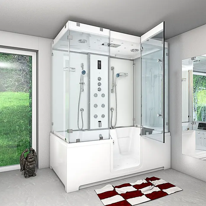 AcquaVapore Komplettdusche Dampfdusche K88-WS-TH-C-EC - Weiß - Modernes weißes Dusch-Badewannen-Kombisystem mit Glaswänden und Massagedüsen.