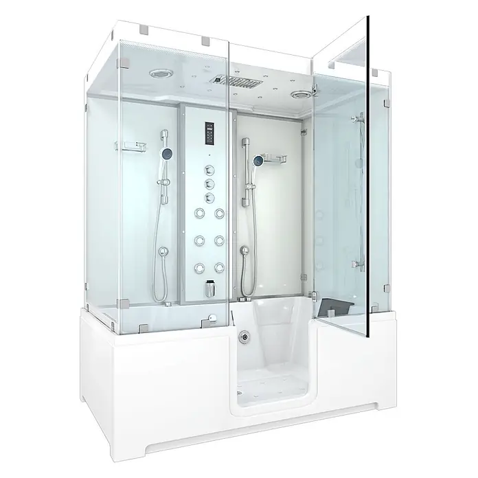 AcquaVapore Komplettdusche Dampfdusche K88-WS-TH-C-EC - Weiß - Weiße Duschkabine mit Klarglaswänden und integrierter begehbarer Badewanne, mit mehreren Duschköpfen und Bedienfeld.