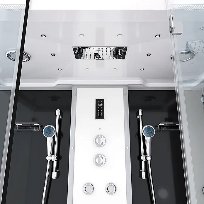 AcquaVapore Komplettdusche Dampfdusche K88-SW-EH-A-EC-SC - Schwarz - Moderne Duschkabine innen mit zwei Handbrausen, digitalem Bedienfeld und Deckenbeleuchtung. Schwarz, Weiß und Chrom.