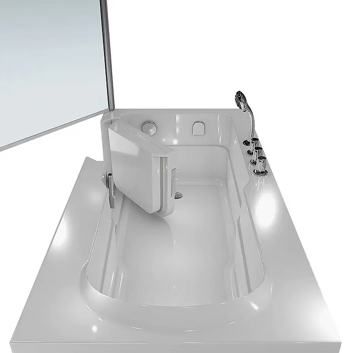 AcquaVapore Komplettdusche Fertigdusche S17D-TH-R - 75 x 150 x 210 cm, Weiß - Weiße begehbare Badewanne mit offener Scharniertür, Chromarmaturen und Handbrause, für einfachen Zugang.