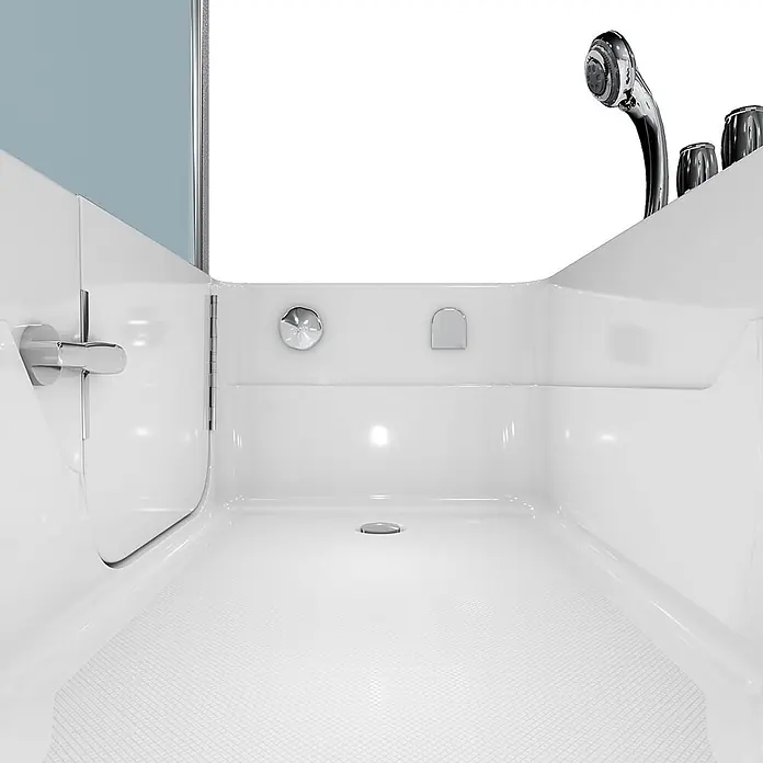 AcquaVapore Komplettdusche Fertigdusche S17D-TH-R - 75 x 150 x 210 cm, Weiß - Weißer begehbarer Badewanneninnenraum mit niedriger Einstiegstür, Griff, rutschfestem Boden, Abfluss, Brausekopf und Bedienelementen.