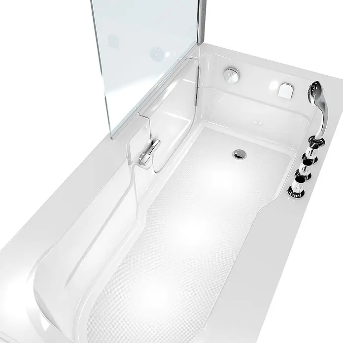 AcquaVapore Komplettdusche Fertigdusche S17D-TH-R - 75 x 150 x 210 cm, Weiß - Weiße barrierefreie Badewanne mit Einstiegstür, Glas-Duschwand, Chromarmaturen und rutschfestem Boden.