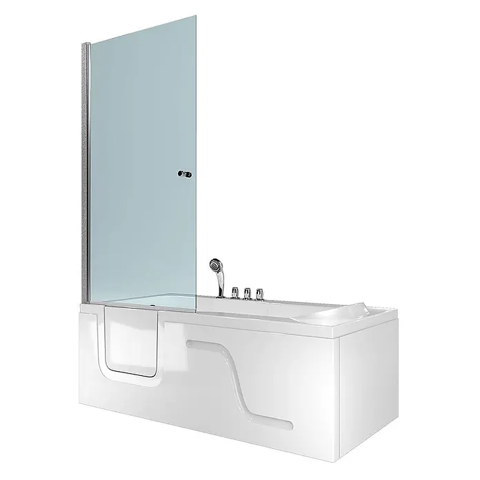 AcquaVapore Komplettdusche Fertigdusche S17D-TH-R - 75 x 150 x 210 cm, Weiß - Weiße begehbare Badewanne mit Duschabtrennung, Haltegriffen und Chromarmaturen.