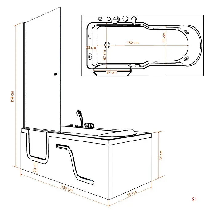 AcquaVapore Komplettdusche Fertigdusche S17D-TH-R - 75 x 150 x 210 cm, Weiß - Weiße begehbare Badewanne mit integriertem Haltegriff, Duschabtrennung und detaillierten Maßen.