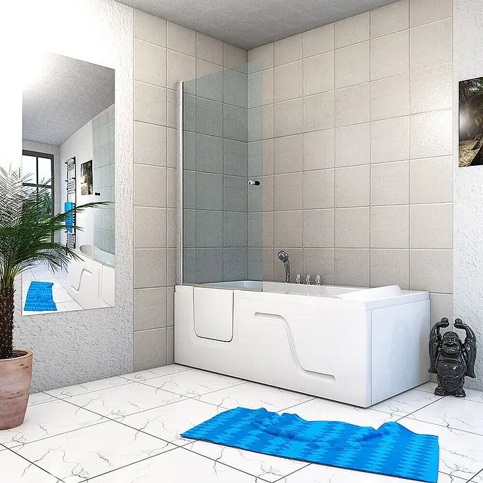 AcquaVapore Komplettdusche Fertigdusche S17D-TH-R - 75 x 150 x 210 cm, Weiß - Weiße barrierefreie Badewanne mit integrierter Duschwand in einem modernen Badezimmer.