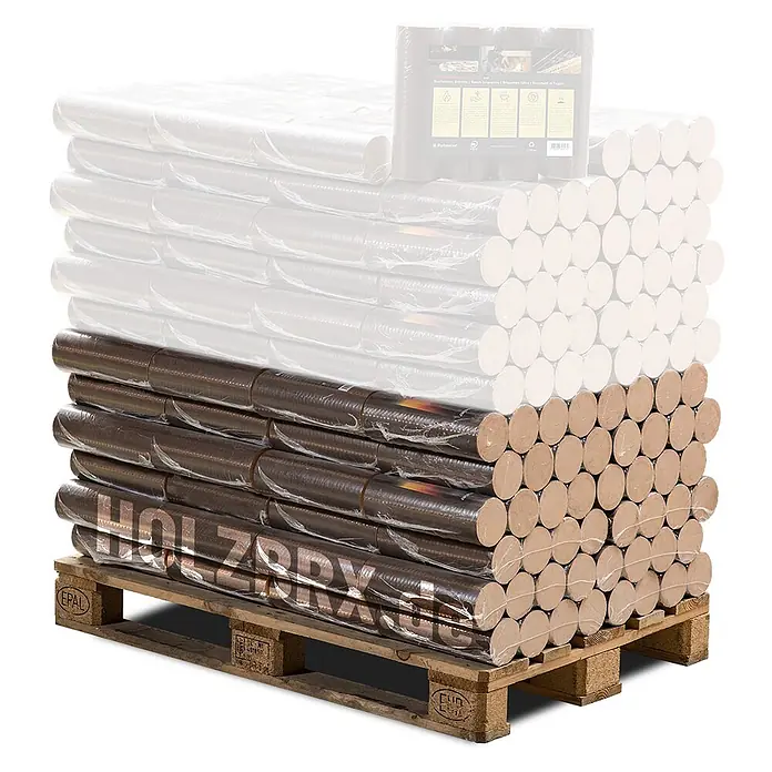 HOLZBRX Holzbriketts POLLMEIER Premium Plus Buchenholzbriketts 960kg Palette - Buche, 960 kg - Gestapelte dunkel- und hellbraune Holzbriketts auf einer Holzpalette, teils in Folie mit Branding, gebrauchsfertig.