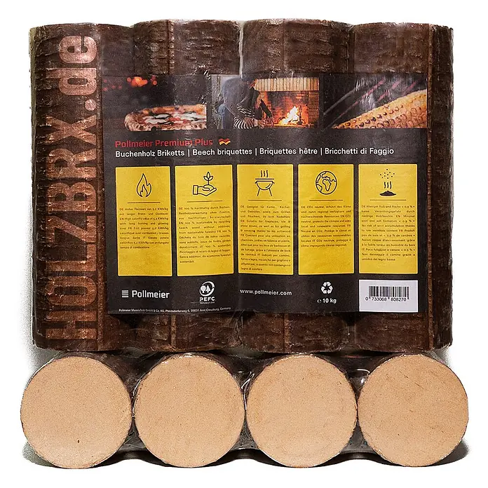 HOLZBRX Holzbriketts POLLMEIER Premium Plus Buchenholzbriketts 960kg Palette - Buche, 960 kg - Ein in Plastik verpacktes Bündel dunkelbrauner Buchenholzbriketts zum Heizen, mit kreisförmigen Querschnitten unten.