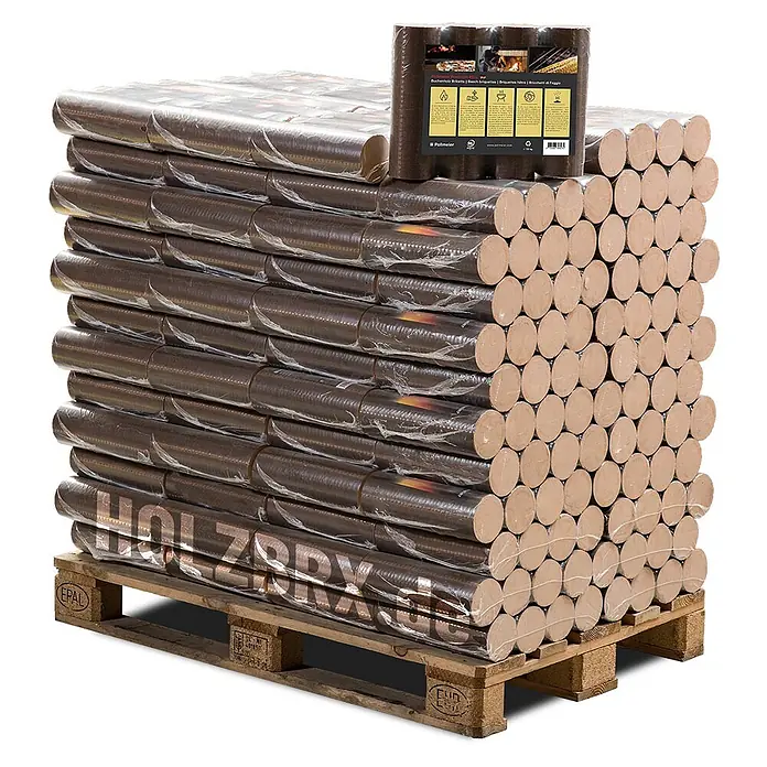 HOLZBRX Holzbriketts POLLMEIER Premium Plus Buchenholzbriketts 960kg Palette - Buche, 960 kg - Palette mit dunkelbraunen, zylindrischen Holzbriketts, einzeln in Folie verpackt und hoch gestapelt.