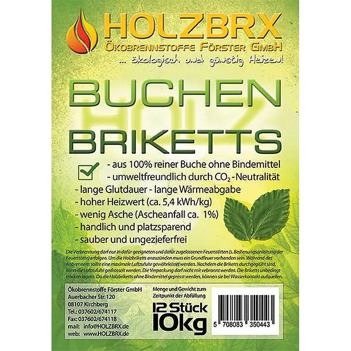 HOLZBRX Holzbriketts RUF Buche 960 kg Palette - Buche, 30 kg - Verpackung für HOLZBRX Buchen Briketts, grün-gelb mit Text und Barcode.
