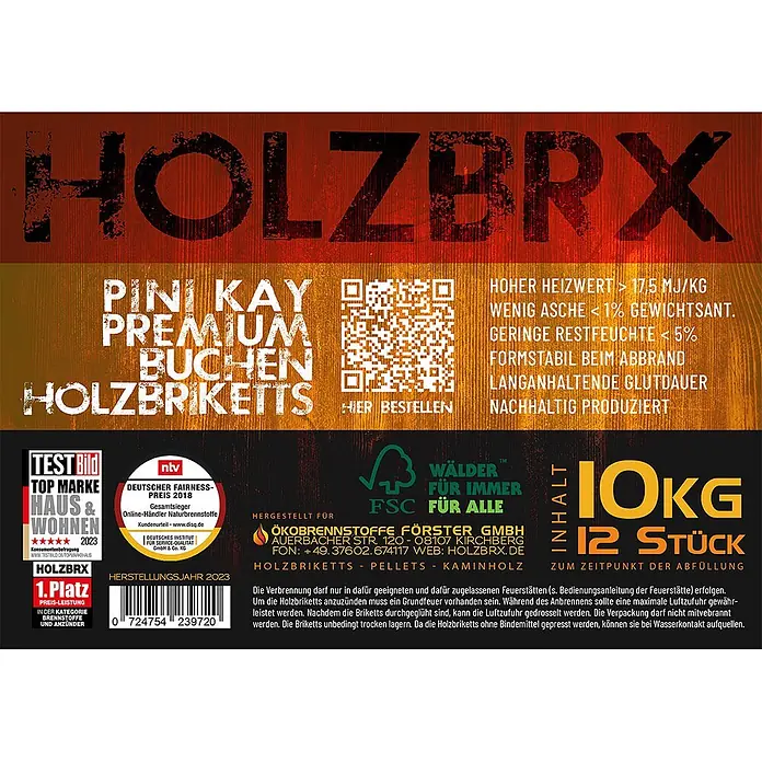 HOLZBRX Holzbriketts HOLZBRX ® Pini Kay Premium Buchenholzbriketts 960kg Palette - Buche, 960 kg - Verpackung für HOLZBRX Pini Kay Premium Buchen Holzbriketts mit Produktmerkmalen.