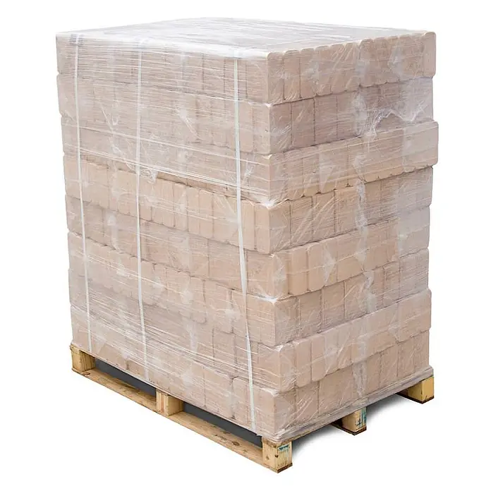 HOLZBRX Holzbriketts RUF Buche 960 kg Palette - Buche, 30 kg - Gestapelte hellbraune Holzbriketts auf einer Palette, foliert.