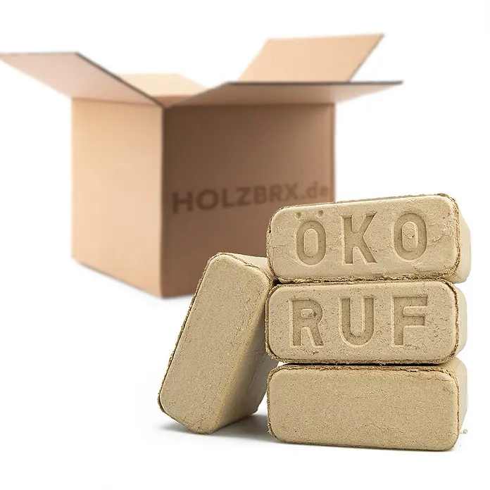 HOLZBRX Holzbriketts RUF Buche 960 kg Palette - Buche, 30 kg - Helle Holz-Briketts mit „ÖKO RUF“-Prägung, gestapelt neben einem unscharfen Karton.