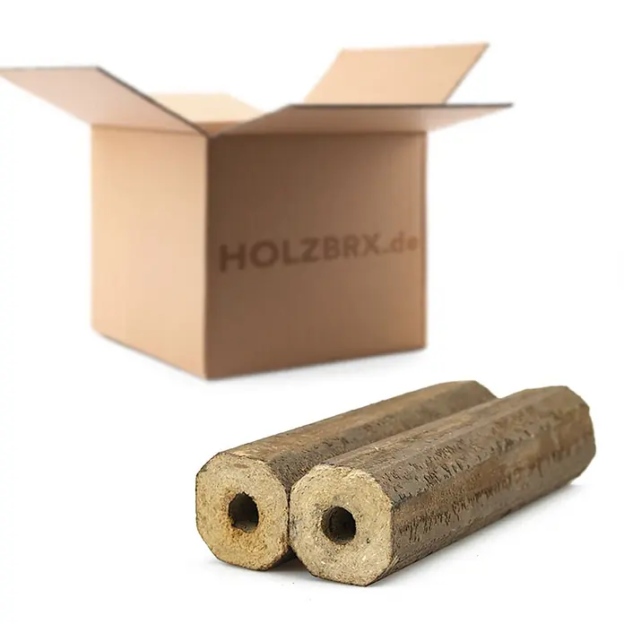 HOLZBRX Holzbriketts HOLZBRX ® Pini Kay Premium Buchenholzbriketts 960kg Palette - Buche, 960 kg - Zwei sechseckige Holzbriketts mit Mittelloch und ein geöffneter Karton mit "HOLZBRX.de" Logo.
