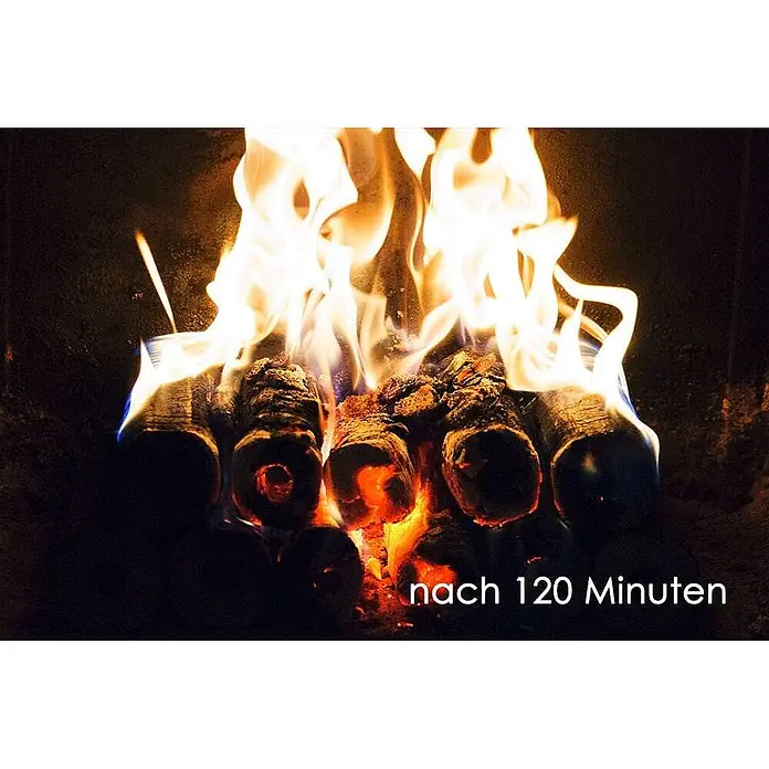 HOLZBRX Holzbriketts HOLZBRX ® Pini Kay Premium Buchenholzbriketts 960kg Palette - Buche, 960 kg - Brennholz lodert hell in einem Kamin mit orange-gelben Flammen, Text: 'nach 120 Minuten'.