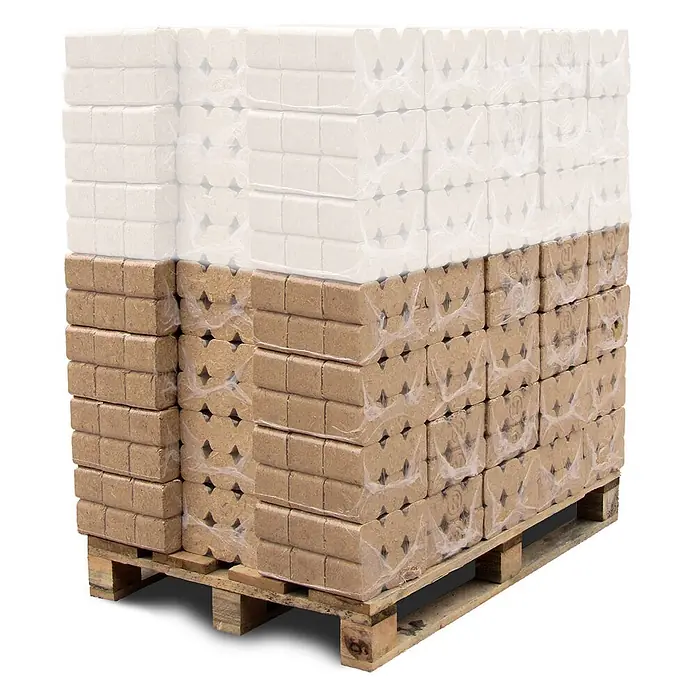 HOLZBRX Holzbriketts RUF TRIPLEX Mischholzbriketts, 960kg Palette - Buche, 960 kg - Palette mit braunen, gepressten Holzbriketts, einige mit sternförmigen Löchern, in Klarsichtfolie verpackt.