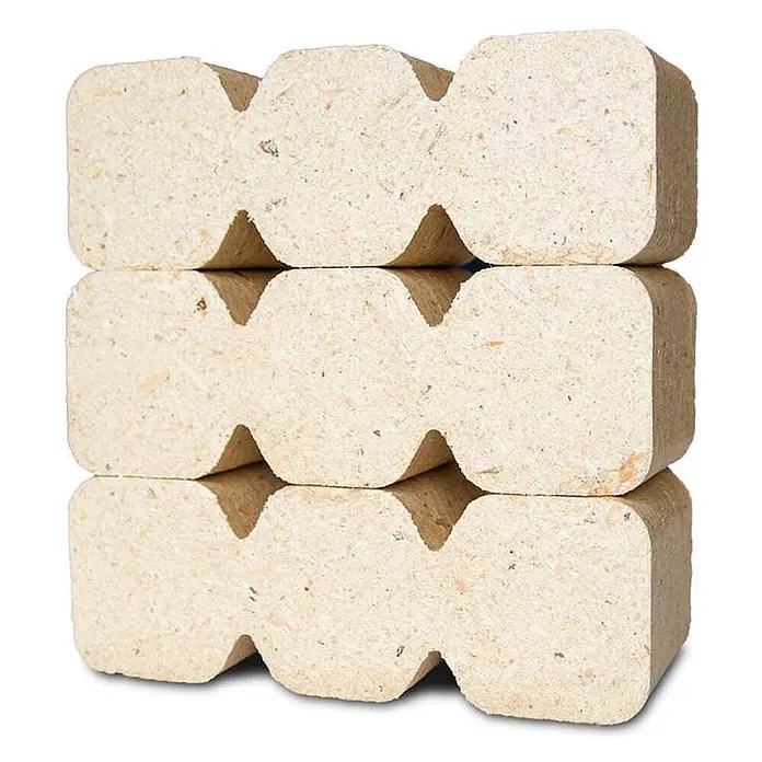HOLZBRX Holzbriketts RUF TRIPLEX Mischholzbriketts, 960kg Palette - Buche, 960 kg - Drei gestapelte hellbraune Holzbriketts mit Wellenprofil.