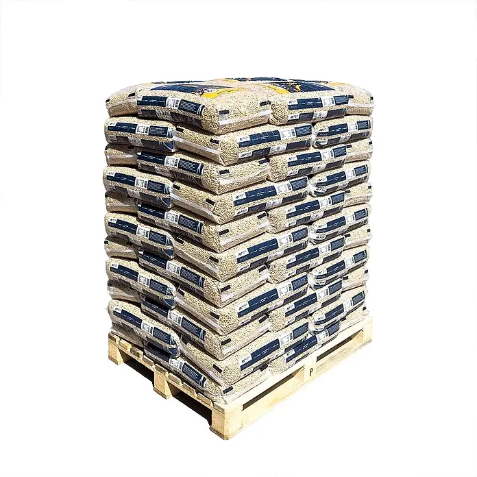 HOLZBRX Holzpellets Nadelholzpellets ENplus A1 (66 x 15kg Sack) 990kg netto - 990 kg - Stapel klarer Säcke gefüllt mit hellen Holzpellets auf einer Holzpalette.