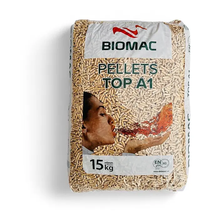 Biomac Holzpellets BIOMAC TOP A1, ENplus-A1 6mm, 975 kg Palette (65 Säcke a 15kg) - 975 kg - Sack BIOMAC Holzpellets zum Heizen, 15 kg, Ø6mm, hellbraun.