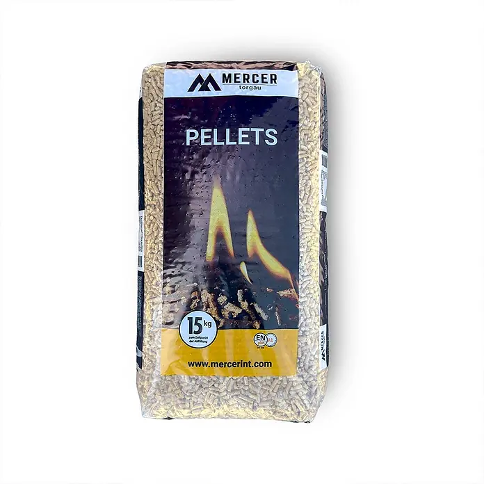 HOLZBRX Holzpellets Nadelholzpellets ENplus A1 (66 x 15kg Sack) 990kg netto - 990 kg - Ein transparenter Sack mit hellbraunen Holzpellets, beschriftet mit 'MERCER Pellets' und '15 kg'.